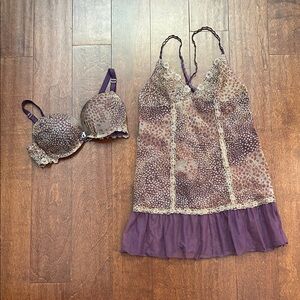 Purple and Beige Lace Bra and Chemise Set, Size Medium Chemise/36C Bra